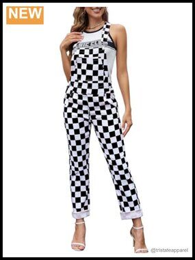 Checkered Denim Overalls Womens Bib Adjustable Strap Stretch Jeans Jumpsuit